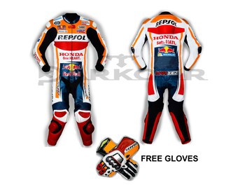 Honda Repsol Marc Marquez 2020 Motorbike Motorcycle Real Leather Suit 1 and 2 Piece For Men and Women customiseable gift - Blue white White.