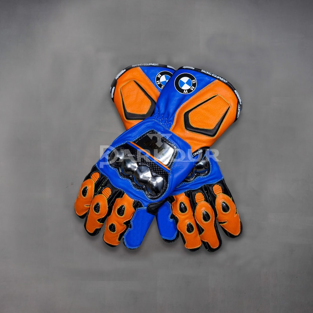 Custom Made Leather Gloves. Orange Blue Motorbike Leather Gloves