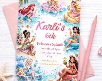 Princess Splash Birthday Invitation Editable, Princess Pool Party Invite, Summer Girl Birthday Invitation, Tropical Princess Party, Canva Te