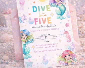 Dive into Five 5th Editable Mermaid Birthday Invitation, Under the Sea Party (Digital Download)
