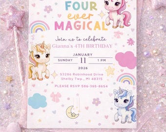 Unicorn Birthday Invitation: Magical 4th Birthday, Pastel Rainbow (Canva Template - Digital Download)