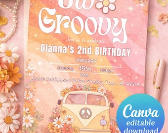 EDITABLE TWO Groovy Birthday Invitation, Girl Birthday Invite, Retro Birthday Invite, Girl 2nd Birthday, Instant Download EVite