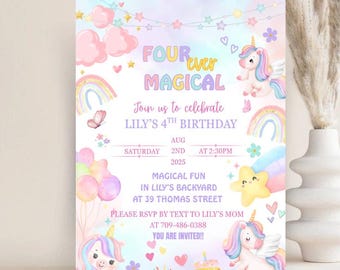 Unicorn Birthday Invitation: Magical 4th Birthday, Pastel Rainbow (Canva Template - Digital Download)