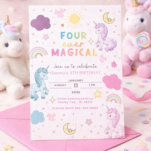 Invito di compleanno a tema unicorno: magico 4° compleanno, arcobaleno pastello (modello Canva - download digitale)