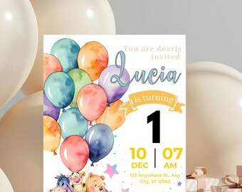 Classic Winnie the Pooh First Birthday Invitation (Digital Download)