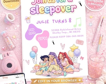 Sleepover Kpop Anime Birthday Invitation | Editable Demon Hunter Template (Digital Download)