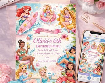 Princess Splash Birthday Invitation Editable, Princess Pool Party Invite, Summer Girl Birthday Invitation, Tropical Princess Party, Canva Te