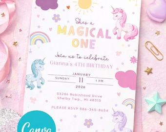 Unicorn Birthday Invitation: Magical 1st Birthday, Pastel Rainbow (Canva Template - Digital Download)