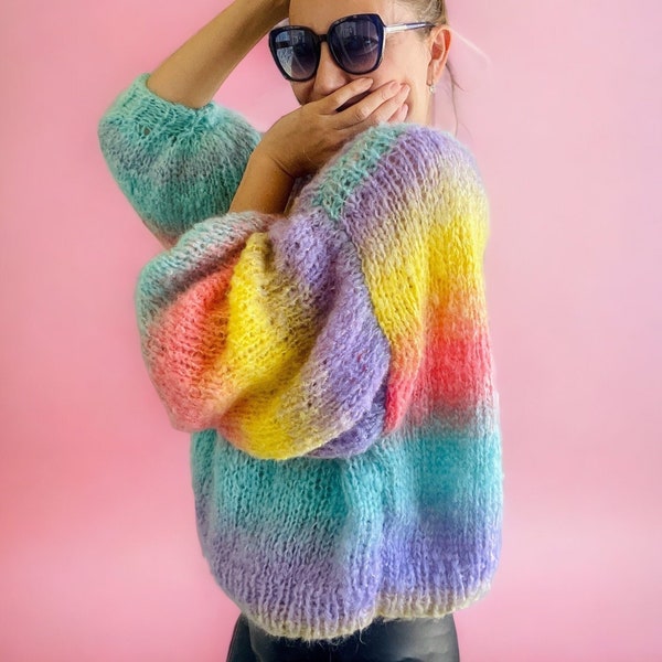 Maglione Mohair Colorato, Maglione Multicolor, Maglione Mohair Ombre, Maglione Arcobaleno, Pullover Mohair, Maglione Maglia Ombre, Maglione lavorato a mano