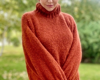 Mohair Sweaters Women, Burnt Orange Sweater, Turtleneck Sweater, Knit Mohair Sweater, Orange Mohair Pullover, Knitted Sweater Women,