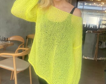 Neon Knit Sweater, Green Mesh Sweater, Chunky Knit Sweater, Crochet Loose Knit Sweater, Mohair Sweater, Womens Handmade Sweater, Slouchy