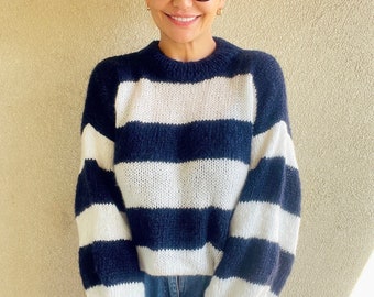 Blue and White Striped Sweater, Navy Striped Sweater, Blue Striped Sweater, Mohair Pullover, Knit Sweater Women, Handknit Sweater, Marine