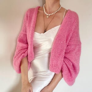 Knitted Mohair Cardigan, Pink Wool Knit Jacket, Cropped Cardigan, Unique Holiday Gifts for Her