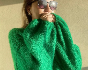 Emerald Green Sweater, Handmade Sweater Mohair, Green Sweater, Womens Handmade Sweater, Hand Knitted Green Sweater, Oversize Green Sweater