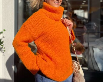 Turtleneck Sweater, Mohair Sweater, Orange Hand Knitted Jumper Womens, Cropped Turtle Neck Sweater, Fluffy Mohair Sweater Handknit