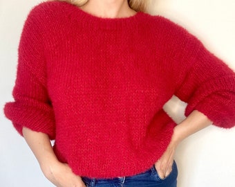 Red Pullover, Mohair Knit Sweater, Cherry Red Sweater, Mohair Pullover, Mohair Sweater Women, Angora Sweater, Handmade Fluffy Sweater Red