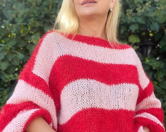 Pink Red Striped Sweater, Mohair Sweater, Pink and Red Sweater, Pink and Red Striped Ladies Jumper, Fluffy Mohair Pullover, Handknit Sweater
