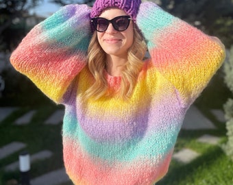 Colorful Sweater, Ombre Mohair Sweater, Handknit Sweater Women, Ombre Knit Jumper, Rainbow Knit Sweater, Gradient Multicolor Pullover, Crop