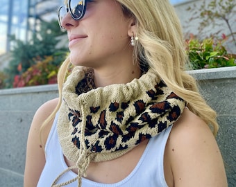 Neck Warmer Wool, Neck Warmer Crochet, Handmade Neck Gaiter, Knitted Neck Scarf Knit, Wool Choker,Neck Warmer Scarf, Leopard Print Balaclava