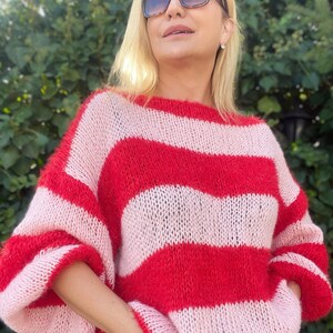 Pink Red Striped Sweater, Mohair Sweater, Pink and Red Sweater, Pink and Red Striped Ladies Jumper, Fluffy Mohair Pullover, Handknit Sweater image 1