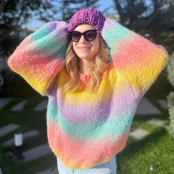 Colorful Sweater, Ombre Mohair Sweater, Handknit Sweater Women, Ombre Knit Jumper, Rainbow Knit Sweater, Gradient Multicolor Pullover, Crop