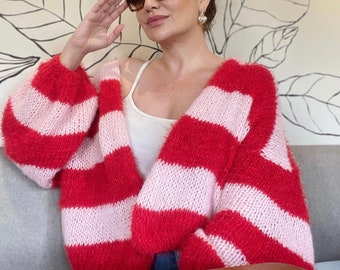 Pink and Red Cardigan Sweater, Striped Cardigan, Mohair Sweater Cardigan Colorful, Fuzzy Mohair Slouchy Cardigan, Pink Mohair Cardigan