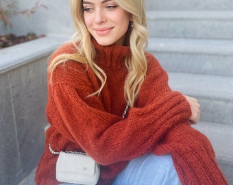 Mohair Sweaters Women, Terracotta Turtleneck Sweater, Burnt Orange Sweater, Mohair Turtleneck Sweater, Handknit Sweater, Mohair Pullover