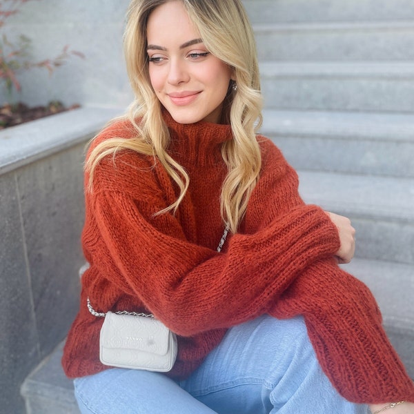 Mohair Sweaters Women, Terracotta Turtleneck Sweater, Burnt Orange Sweater, Mohair Turtleneck Sweater, Handknit Sweater, Mohair Pullover