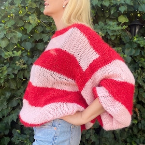 Pink Red Striped Sweater, Mohair Sweater, Pink and Red Sweater, Pink and Red Striped Ladies Jumper, Fluffy Mohair Pullover, Handknit Sweater image 8