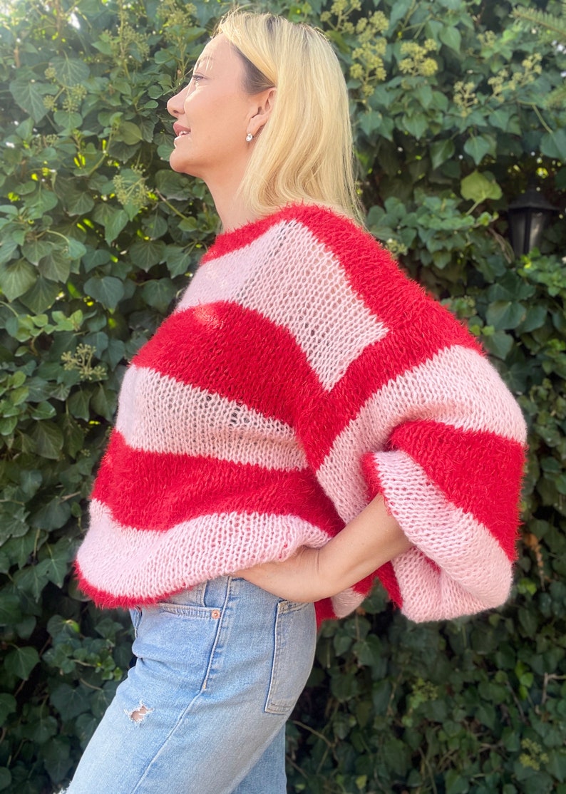 Pink Red Striped Sweater, Mohair Sweater, Pink and Red Sweater, Pink and Red Striped Ladies Jumper, Fluffy Mohair Pullover, Handknit Sweater image 8
