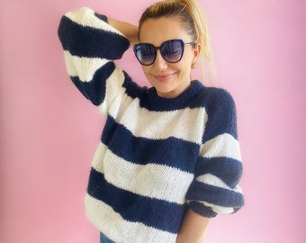 Blue and White Striped Sweater, Navy Striped Sweater, Blue Striped Sweater, Mohair Pullover, Knit Sweater Women, Handknit Sweater, Marine