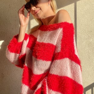 Pink Red Striped Sweater, Mohair Sweater, Pink and Red Sweater, Pink and Red Striped Ladies Jumper, Fluffy Mohair Pullover, Handknit Sweater image 9