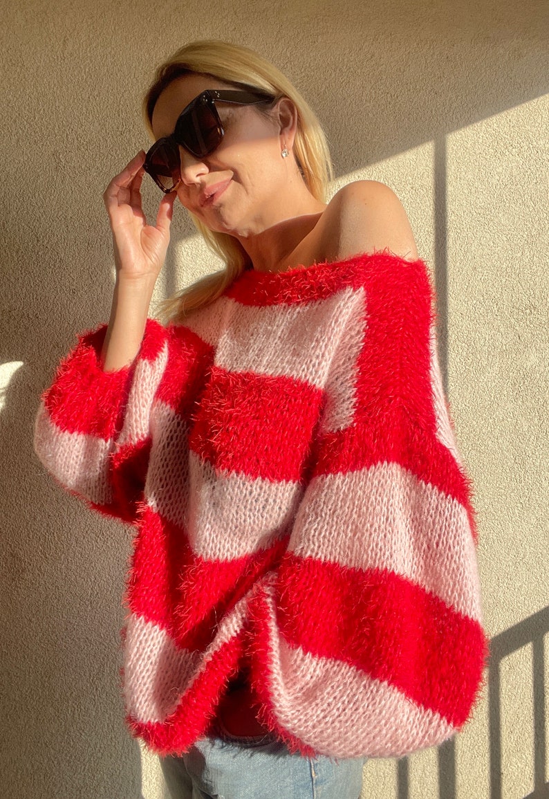 Pink Red Striped Sweater, Mohair Sweater, Pink and Red Sweater, Pink and Red Striped Ladies Jumper, Fluffy Mohair Pullover, Handknit Sweater image 9