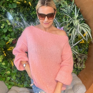 Off Shoulder Mohair Sweater, Pink Knit Sweater, Off Shoulder Top, Pink Mohair Pullover, Wool Knit Jumper, Hand Knit Sweater Pastel Pink