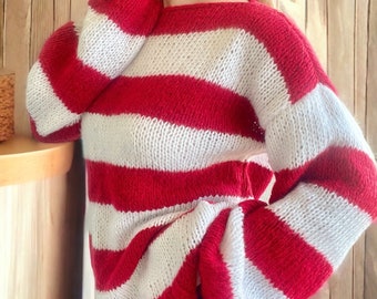 Red and White Striped Sweater, Knit Pullover, Birthday Gift Red and White Striped Sweater, Knit Pullover, Birthday Gift