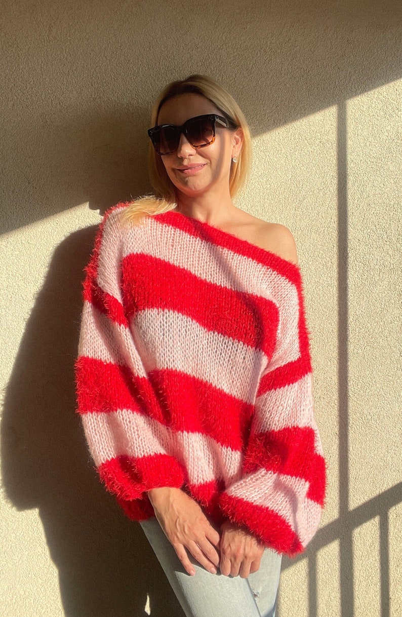 pink and red striped sweater mohair off the shoulder jumper hand knit loose knit pulloover