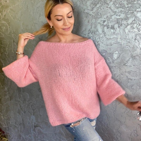 Pink Off The Shoulder Sweaters for Women, Pink Mohair Sweater, Pastel Sweaters, Shoulderless Pink Sweater Mohair, Pale Pink Sweater Handmade
