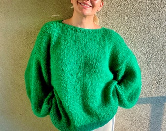Mohair Sweater, Emerald Green Sweater, Bright Green Knit Sweater, Hand Knit Mohair Knit Sweater, Large Fuffy Green Sweater Wool, Hand Knit
