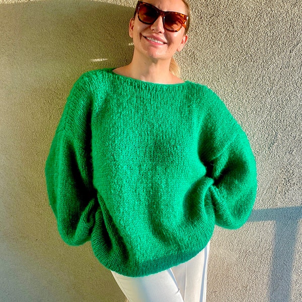 Mohair Sweater, Emerald Green Sweater, Bright Green Knit Sweater, Hand Knit Mohair Knit Sweater, Large Fuffy Green Sweater Wool, Hand Knit