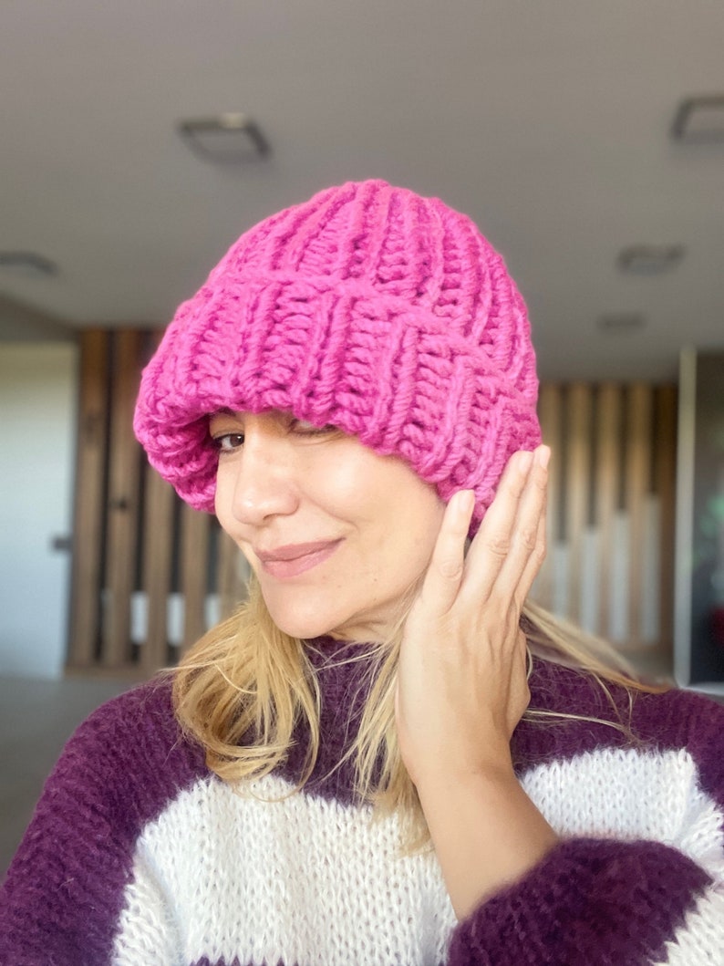 Chunky Beanie Hat, Beige Helsinki Hat, Alpaca Oversized Knit Beanie, Giant Knitting, Winter Hat, Women's Wool Knit Hat, Super Chunky Beanie Pink