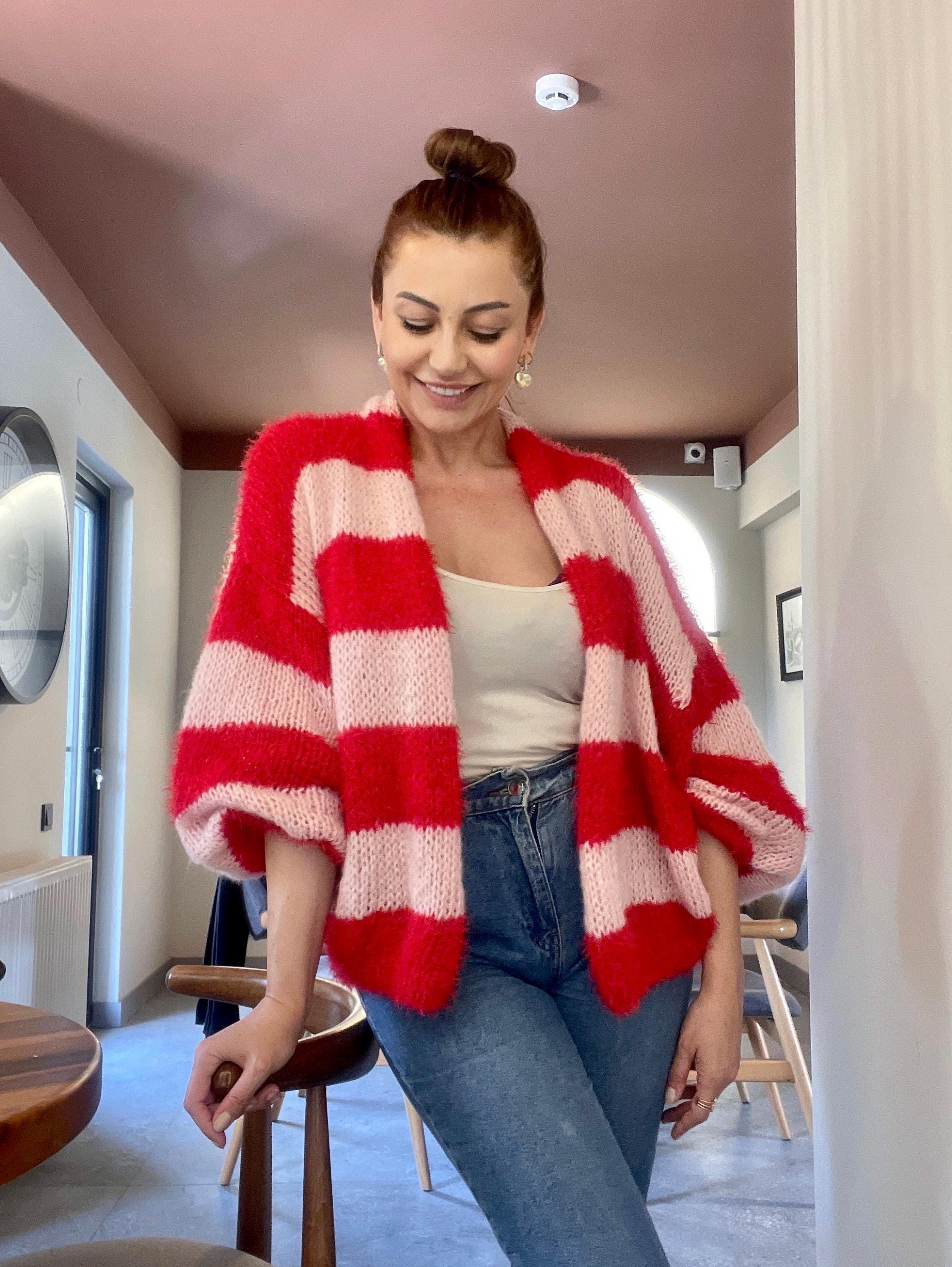 Pink and Red Striped Cardigan, Mohair Chunky Knit, Birthday Pink and Red Striped Cardigan, Mohair Chunky Knit, Birthday