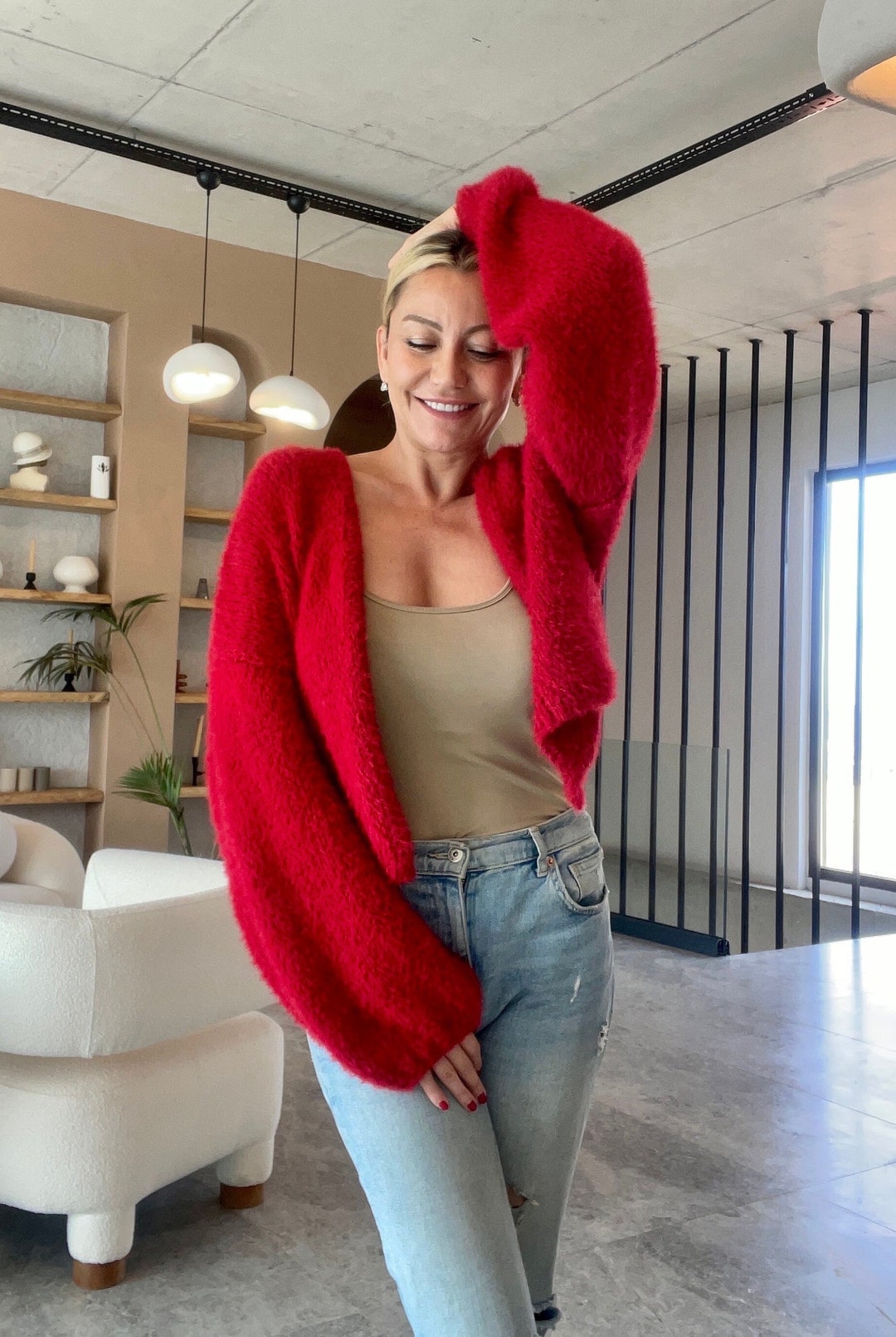 Strick Cardigan Damen Kurze Strickjacke Rot Strickjacke Rot Kurz