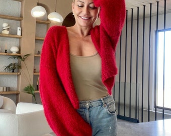 Cherry Red Cardigan, Cute Red Cardigan, Mohair Wool Cardigan, Red Cardigan, Handknit Mohair Cardigan, Angora Cardigan, Red Mohair Sweater