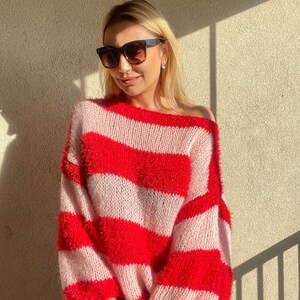 Pink Red Striped Sweater, Mohair Sweater, Pink and Red Sweater, Pink and Red Striped Ladies Jumper, Fluffy Mohair Pullover, Handknit Sweater image 6