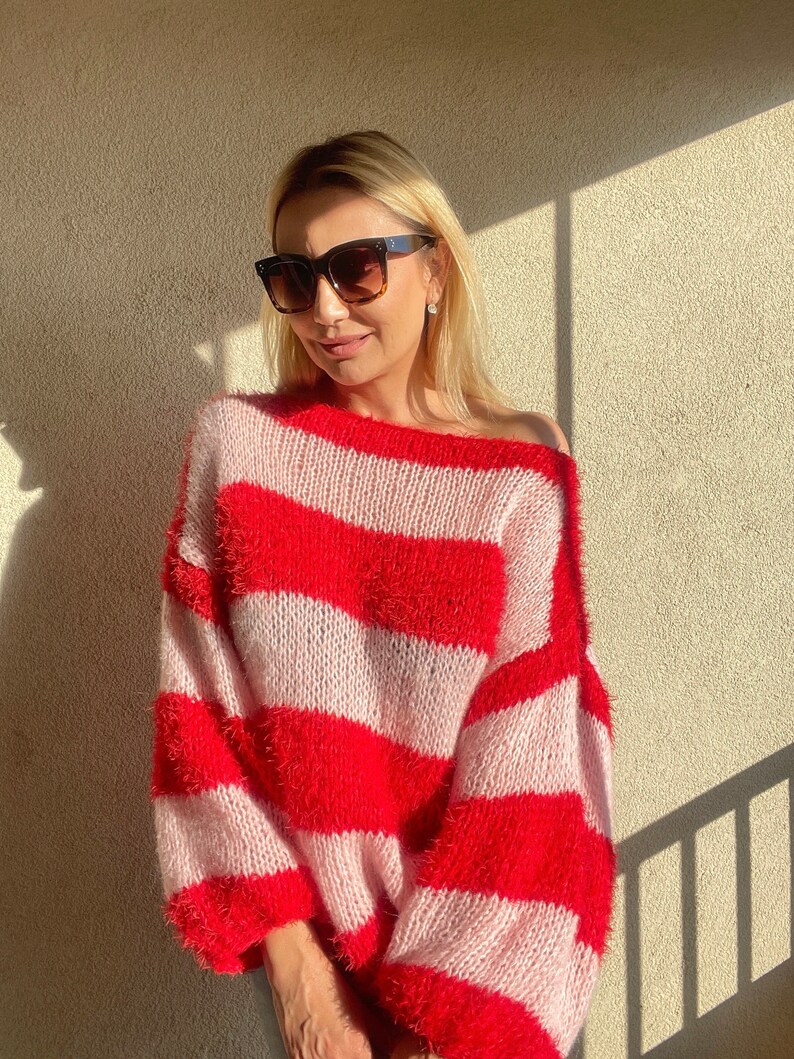 Pink Red Striped Sweater, Mohair Sweater, Pink and Red Sweater, Pink and Red Striped Ladies Jumper, Fluffy Mohair Pullover, Handknit Sweater image 6