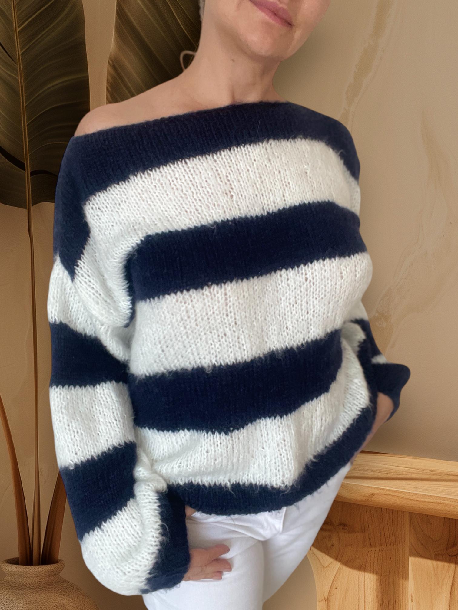 Striped Mohair Sweater, Knitted Navy Blue and White Pullover, Best 