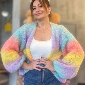Knit Colorful Cardigan, Mohair Jacket, Rainbow Cardigan, Handmade Christmas Gifts for Her, Unique Holiday Gifts for Women