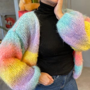 Colorful Mohair Cardigan, Rainbow Knit Jacket, Knitted Cardigan, Unique Holiday Gifts for Her, Handmade Christmas Present