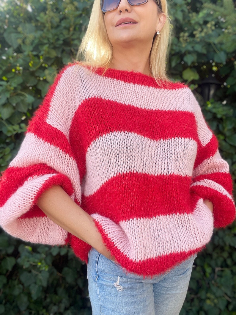 Pink Red Striped Sweater, Mohair Sweater, Pink and Red Sweater, Pink and Red Striped Ladies Jumper, Fluffy Mohair Pullover, Handknit Sweater image 1