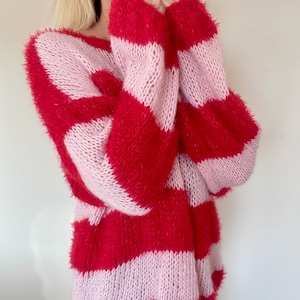 Pink Red Striped Sweater, Mohair Sweater, Pink and Red Sweater, Pink and Red Striped Ladies Jumper, Fluffy Mohair Pullover, Handknit Sweater image 4